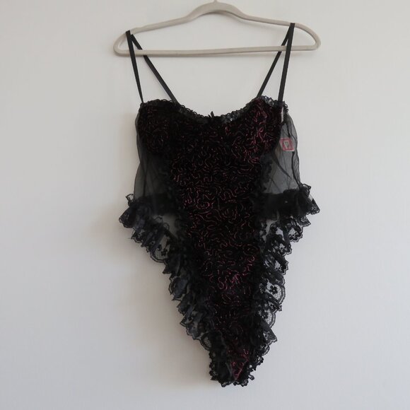 VINTAGE EMIL BOLE Lace Ruffle Black Mesh Velvet Metallic Bodysuit Teddy Goth - Picture 2 of 14